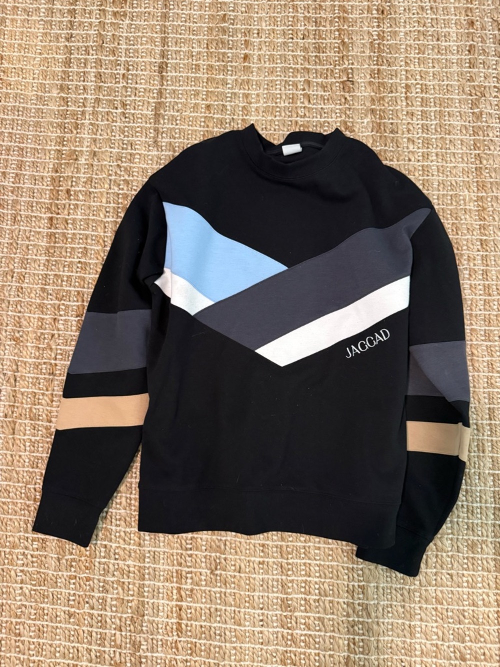 Jaggad Black Crewneck Sweater with Blue, Gray, White & Tan Chevron